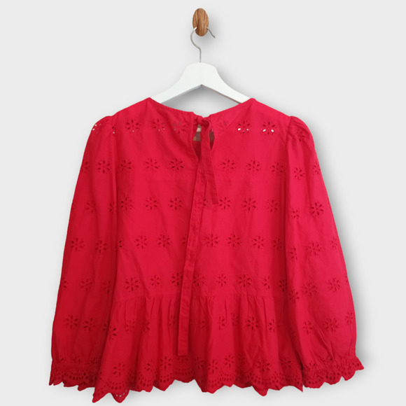 Madewell Top Women's Small Red Scalloped Eyelet Keyhole Peplum Back Top Ties - Picture 2 of 6